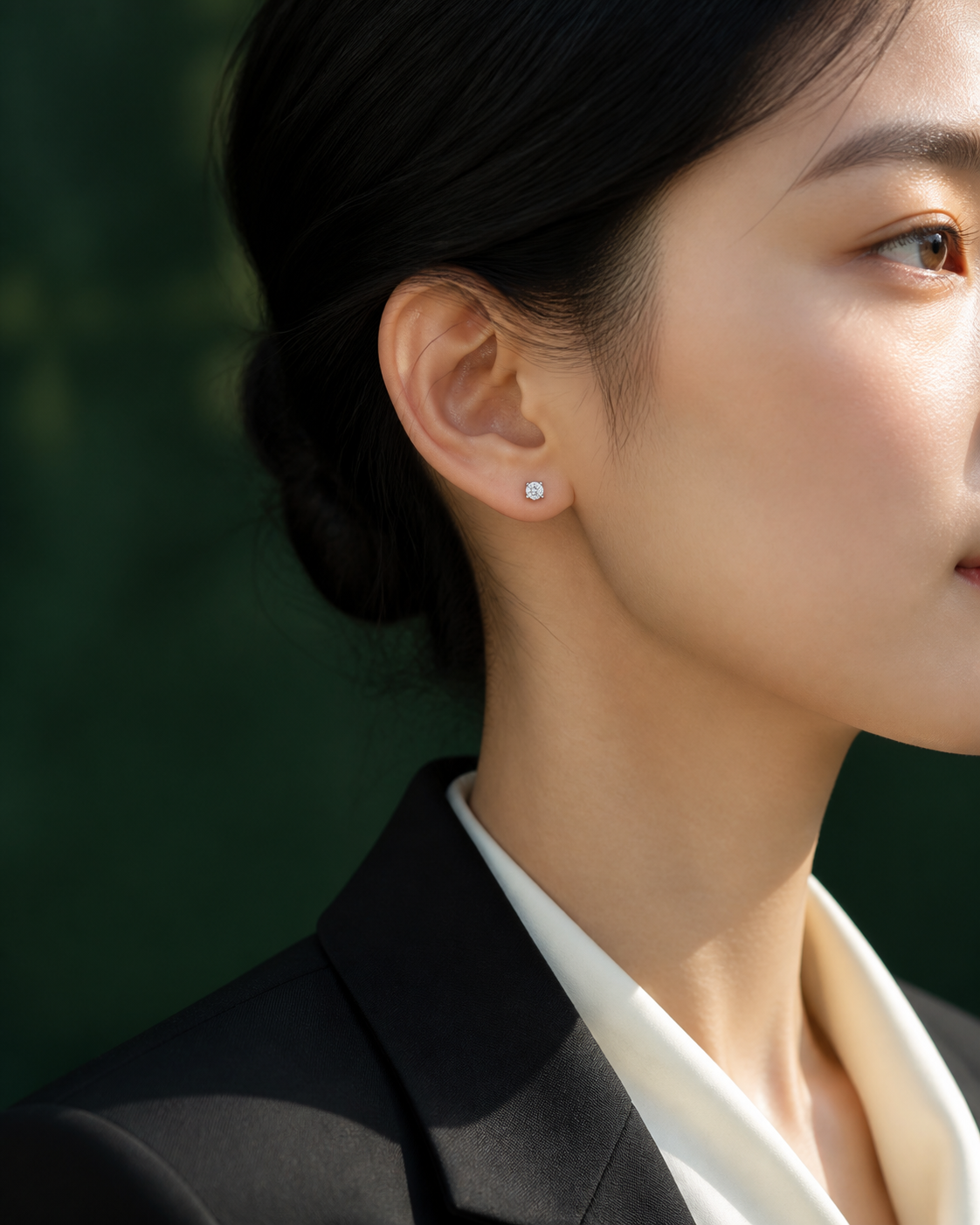 블랙 재킷과 크림 셔츠를 입은 여성의 귀에 라운드 화이트 메탈 스터드 이어링 한 점이 착용된 모습