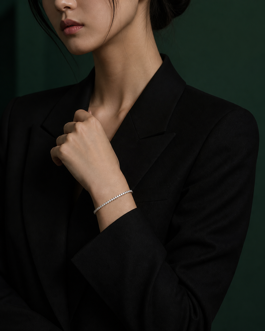 블랙 수트 차림 여성의 손목에 테니스 팔찌가 보이고 뒤로 VÈRN 케이스가 놓인 캠페인 이미지